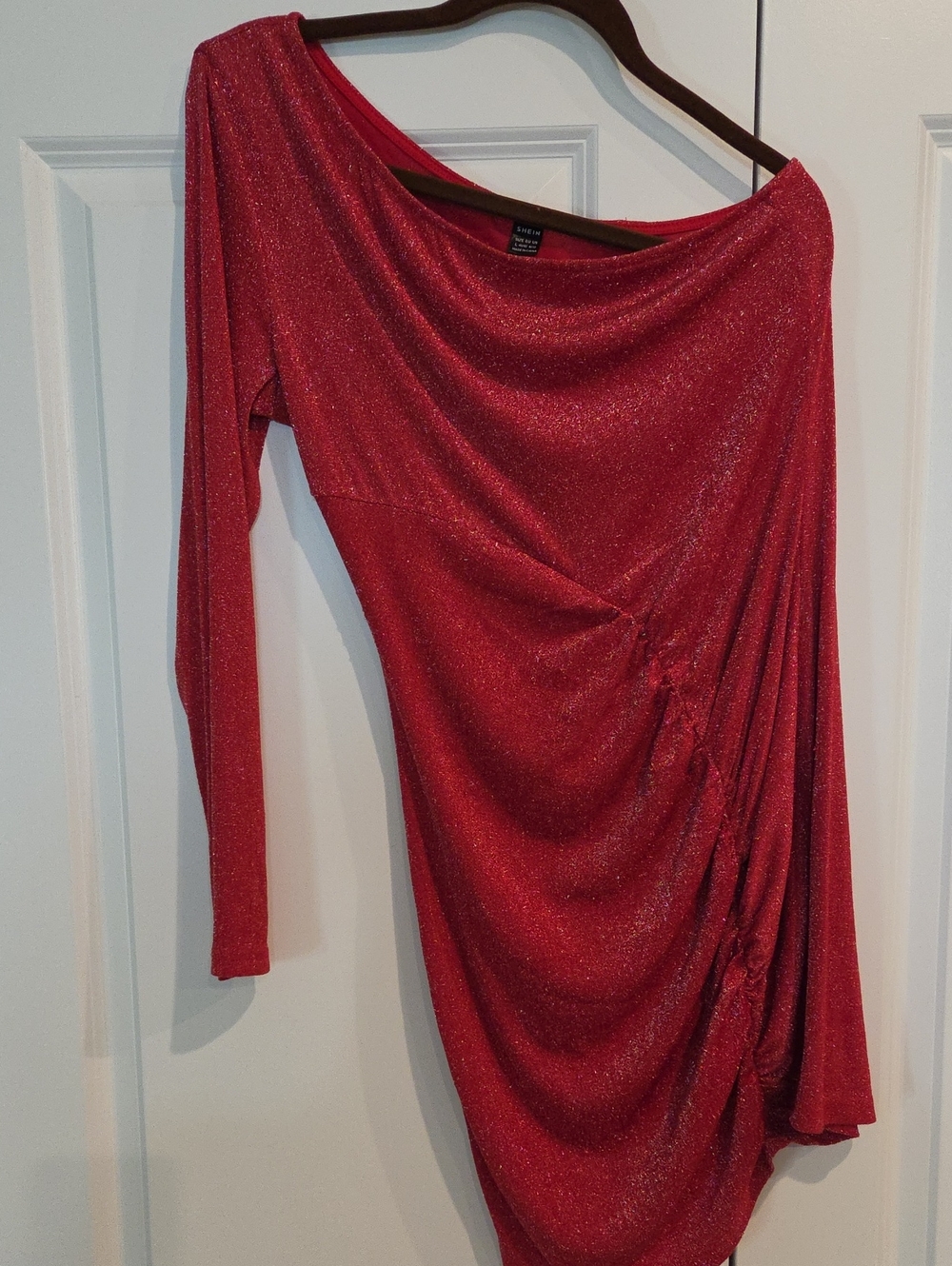 SHEIN Glitter Red  One-Shoulder Ruched Dress
